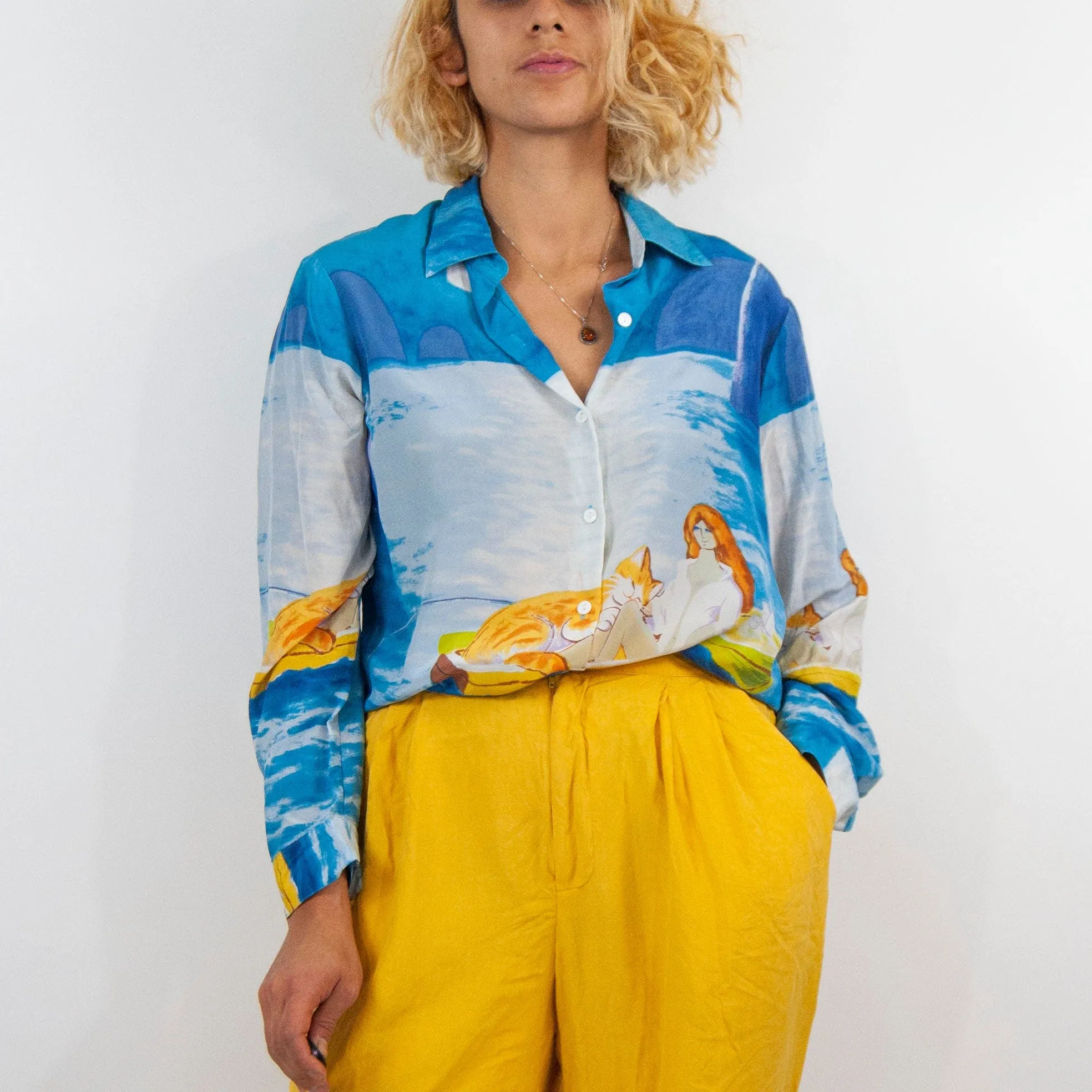 00's Silk Watercolor Long Sleeve Blouse by Michael Leu