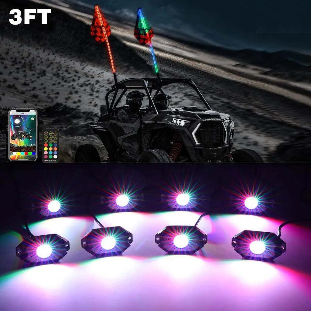 2Pcs 3FT RGB LED Whip Lights with Turn Signal & Brake Light   RGB LED Rock Lights Set with Bluetooth Controlled