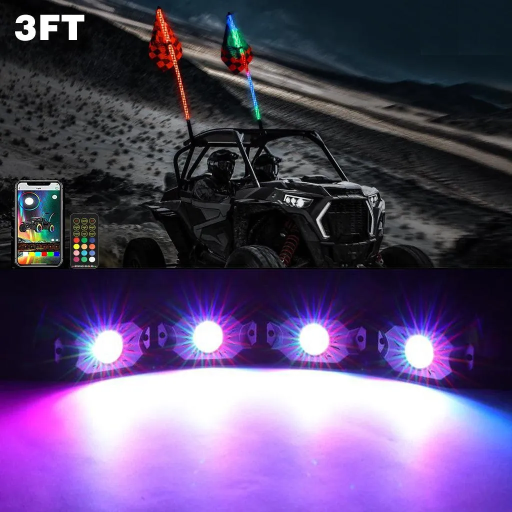 2Pcs 3FT RGB LED Whip Lights with Turn Signal & Brake Light   RGB LED Rock Lights Set with Bluetooth Controlled