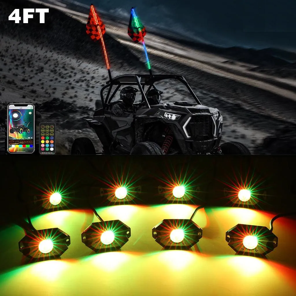 2Pcs 4FT RGB LED Whip Lights with Turn Signal & Brake Light   RGB LED Rock Lights Set with Bluetooth Controlled