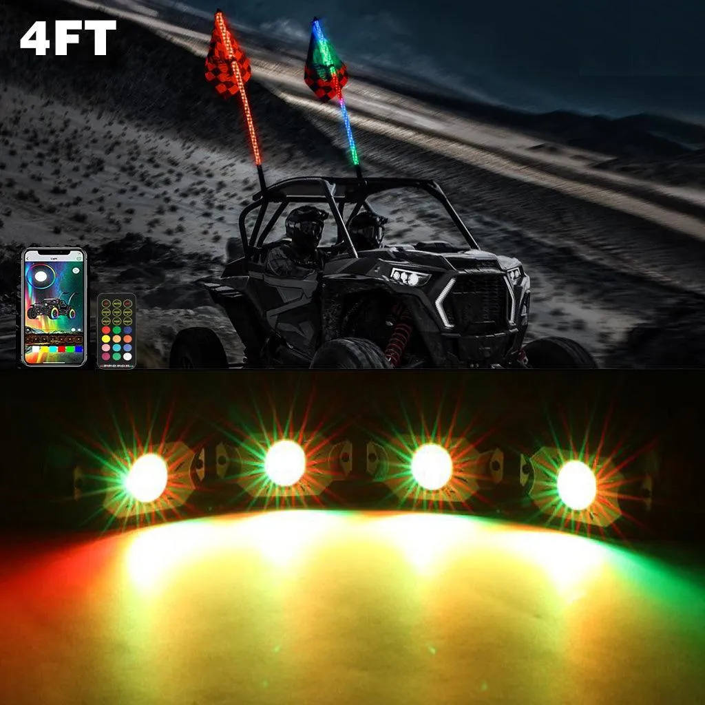 2Pcs 4FT RGB LED Whip Lights with Turn Signal & Brake Light   RGB LED Rock Lights Set with Bluetooth Controlled