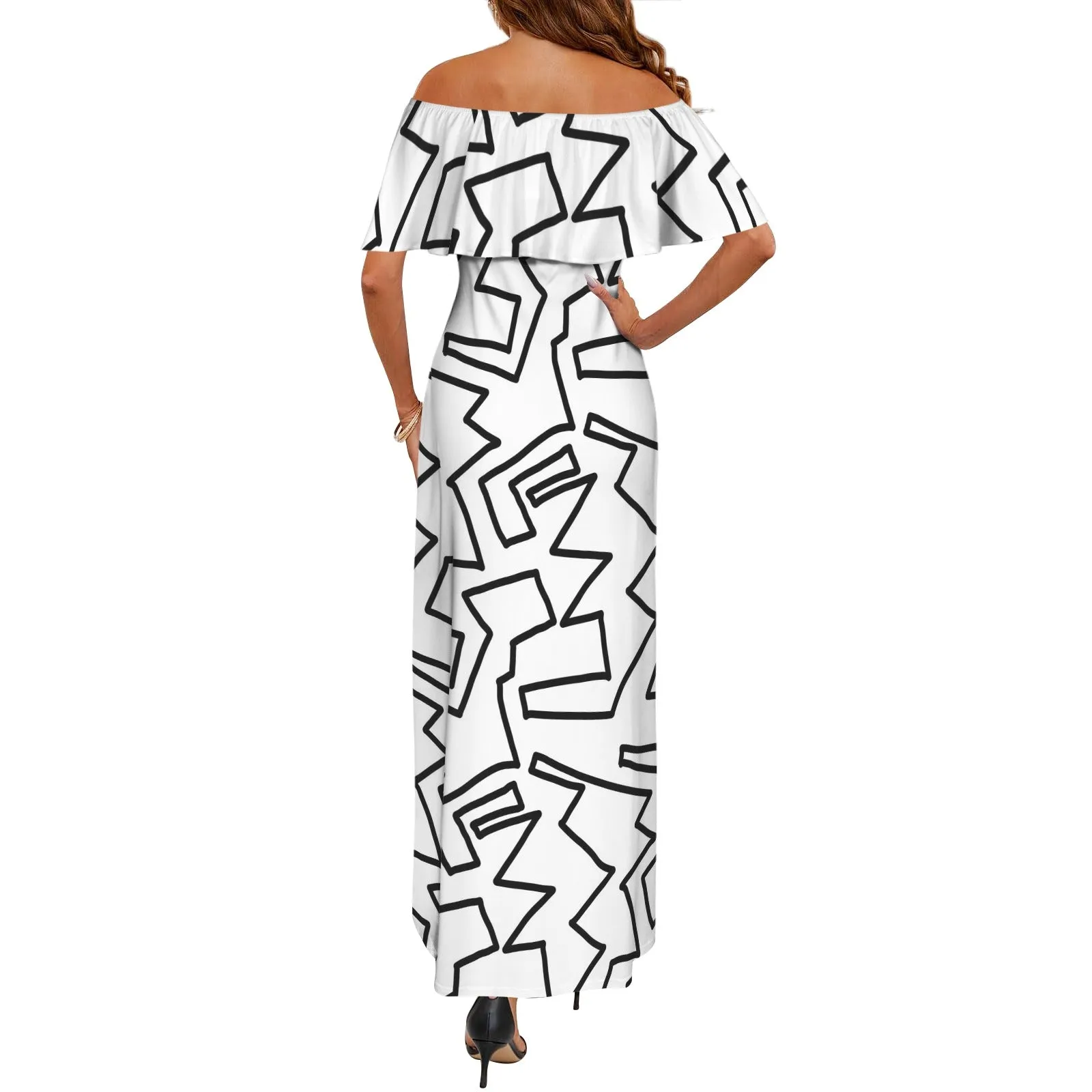 abstract black and white print 2A Women's Off Shoulder Ruffle Boat Neck Dress (Model D71)