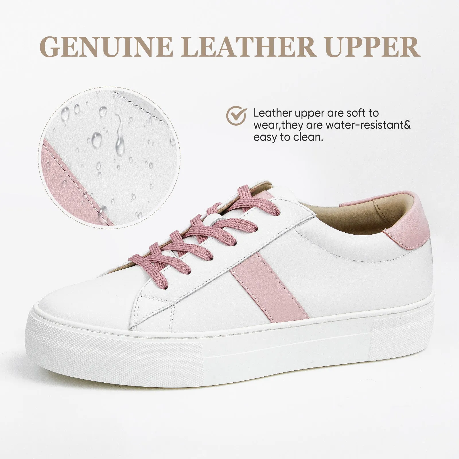 AiciBerllucci White/ Pink Calfskin Leather Upper & Cowhide Leather Lining-ZOY1-Women's Low-top Casual Fashion Sneakers Comfortable Authentic Leather Sneakers Breathable Lace Up Non-Slip Memory Foam