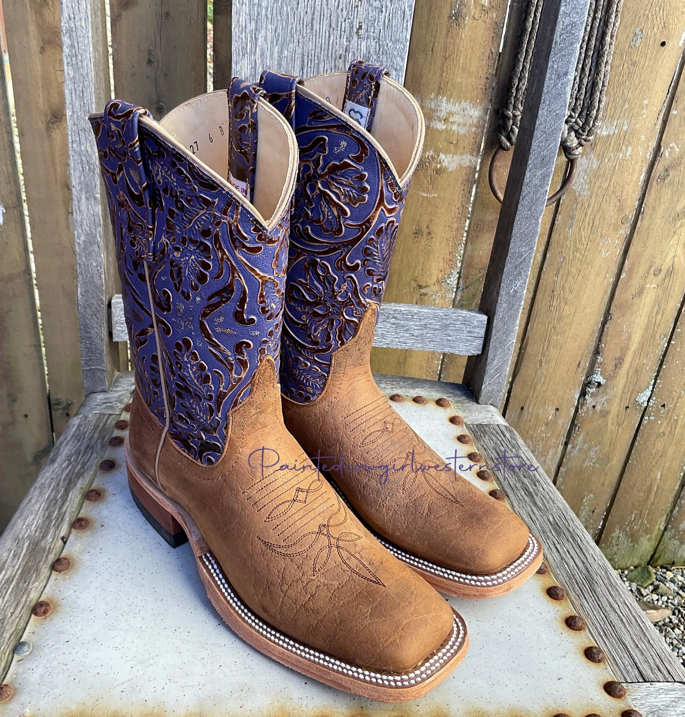 Anderson Bean Women's Natural Brahman Bison/Grape Antique Tooled Square Toe Cowgirl Boots 333627 323445