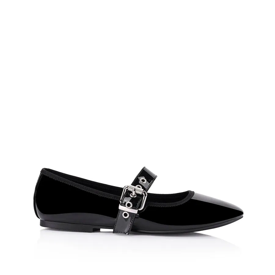 Banks Buckled Mary-Jane Flats - Black Patent