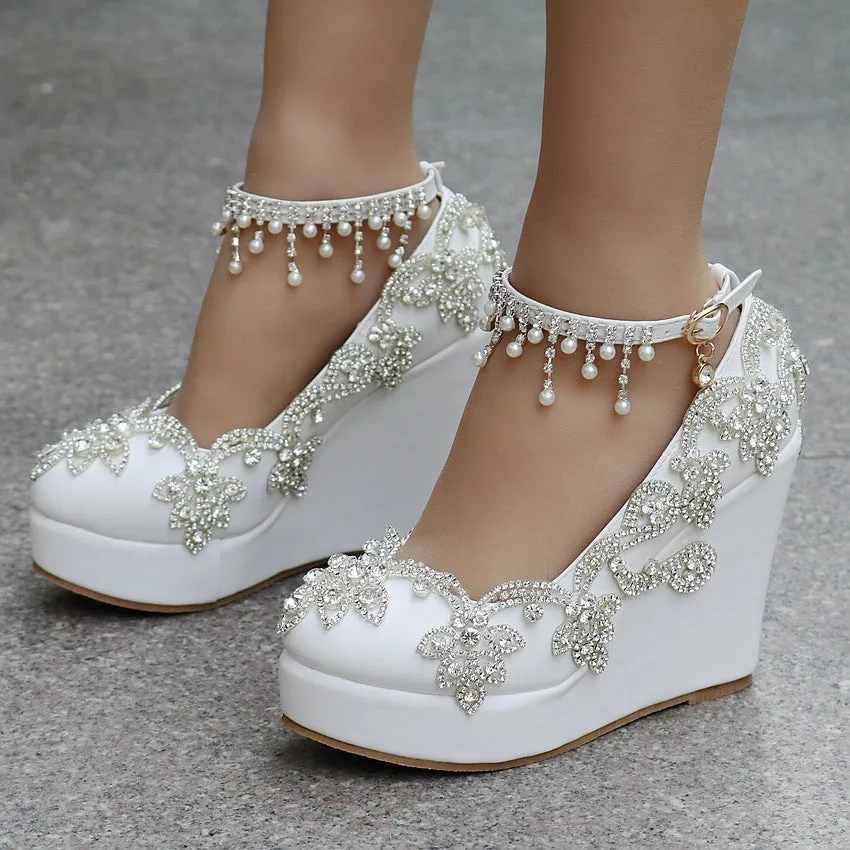 Beaded Tassel Round Toe High Heels Wedding Shoes