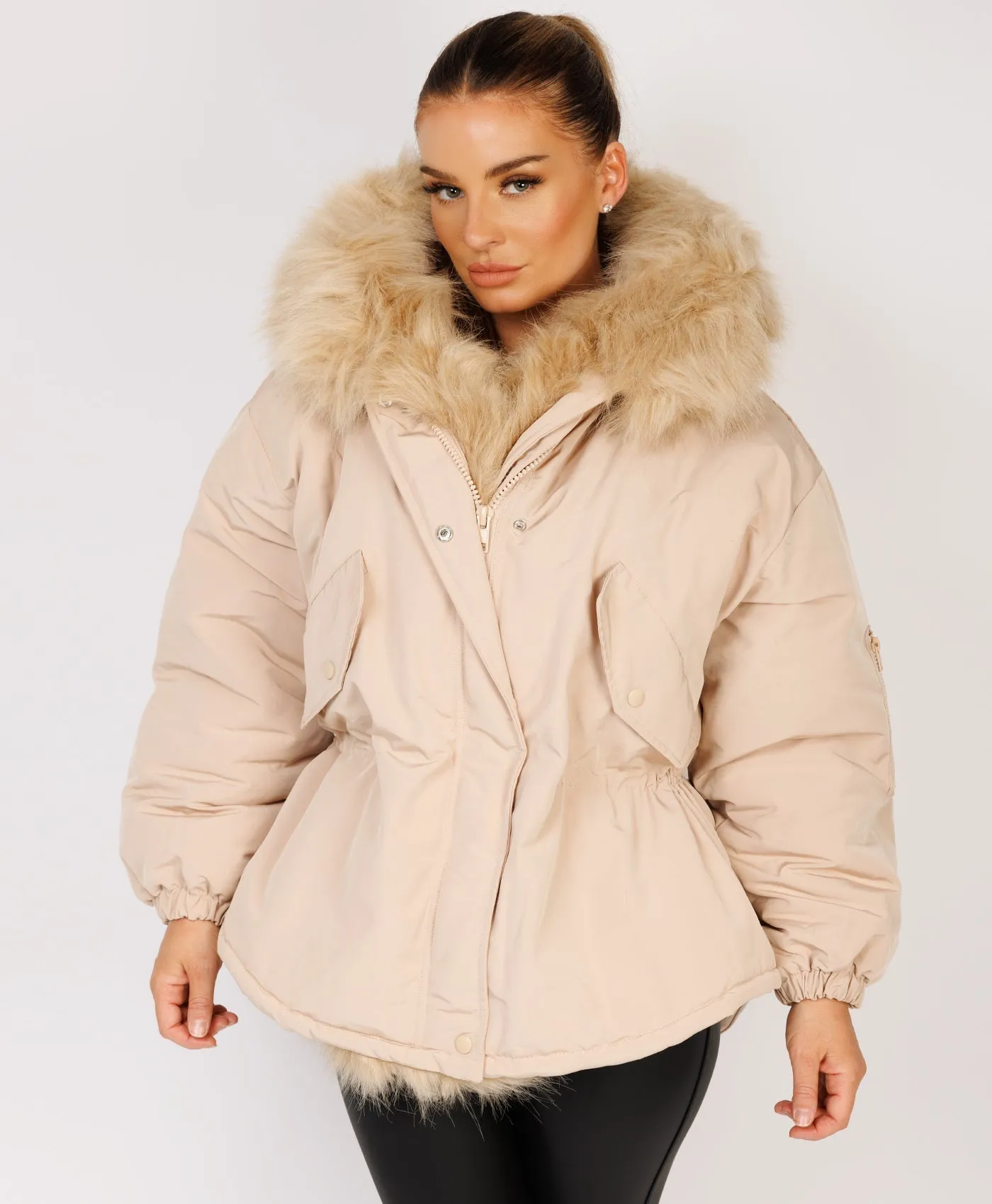 Beige Faux Fur Trim Oversized Hooded Jacket