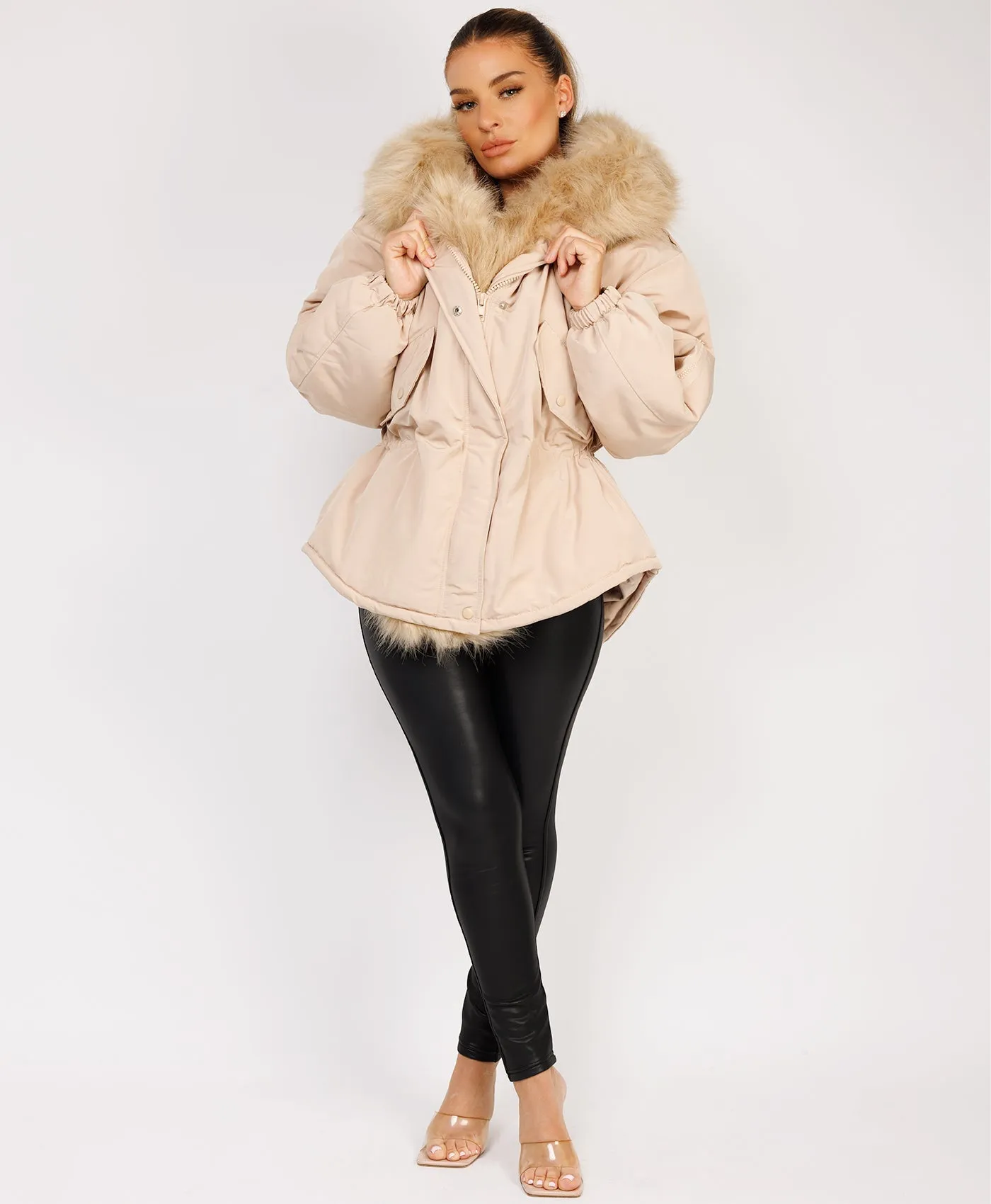 Beige Faux Fur Trim Oversized Hooded Jacket