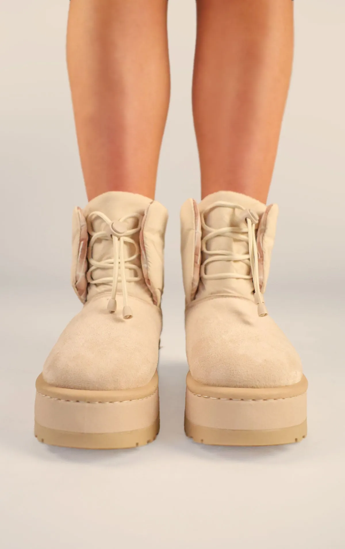 Beige Faux Suede Platform Lace Up Ankle Boots