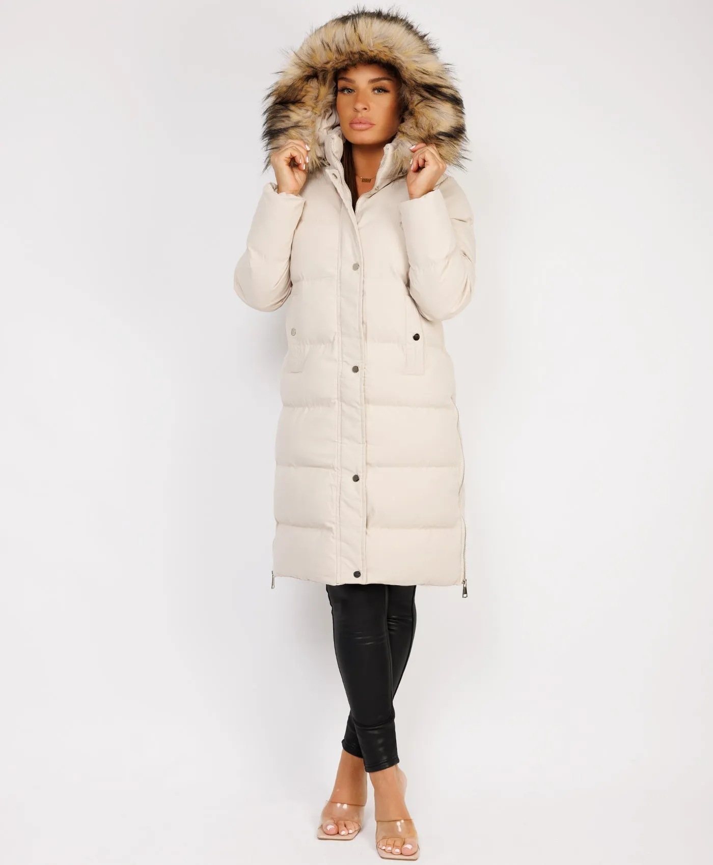 Beige Maxi Faux Fur Hood Padded Puffer Jacket