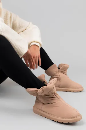 Beige Nylon Quilted Treaded Sole Boots