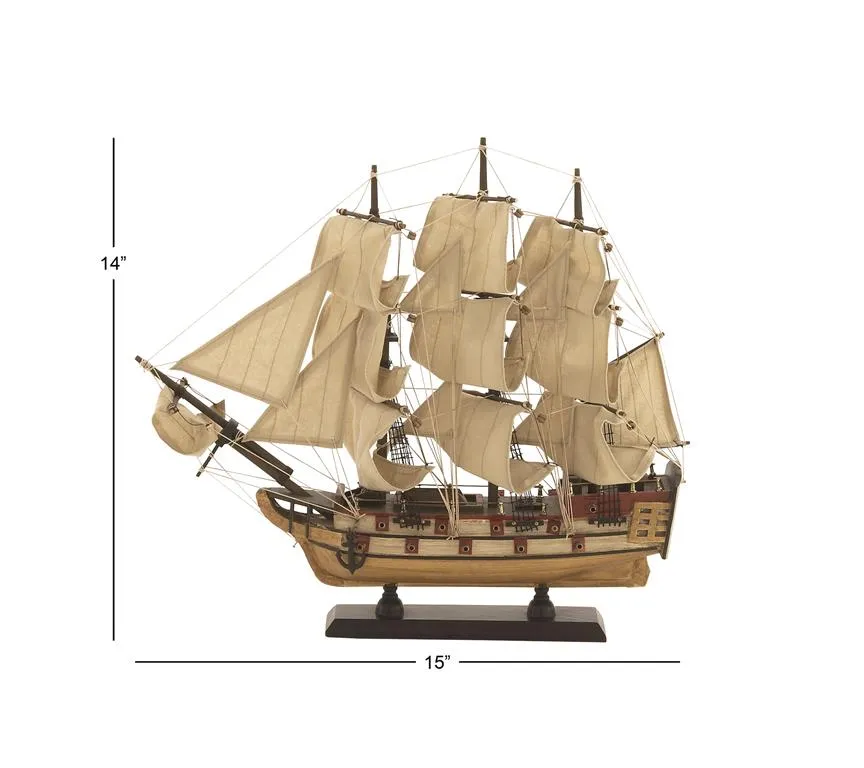 BEIGE WOOD SAIL BOAT SCULPTURE WITH LIFELIKE RIGGING,