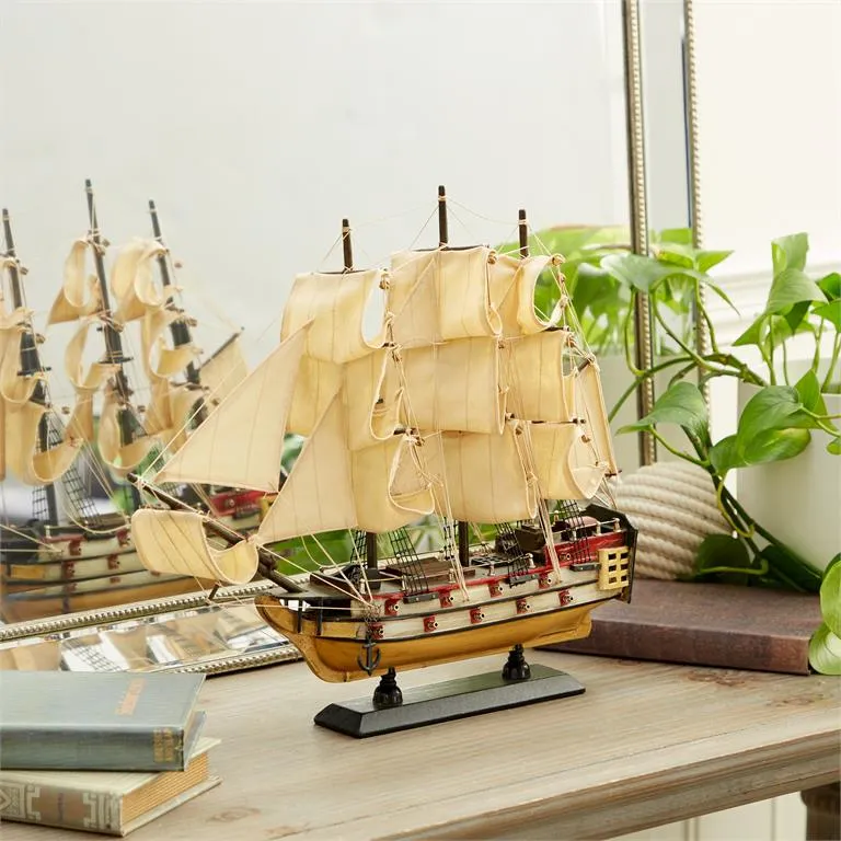 BEIGE WOOD SAIL BOAT SCULPTURE WITH LIFELIKE RIGGING,