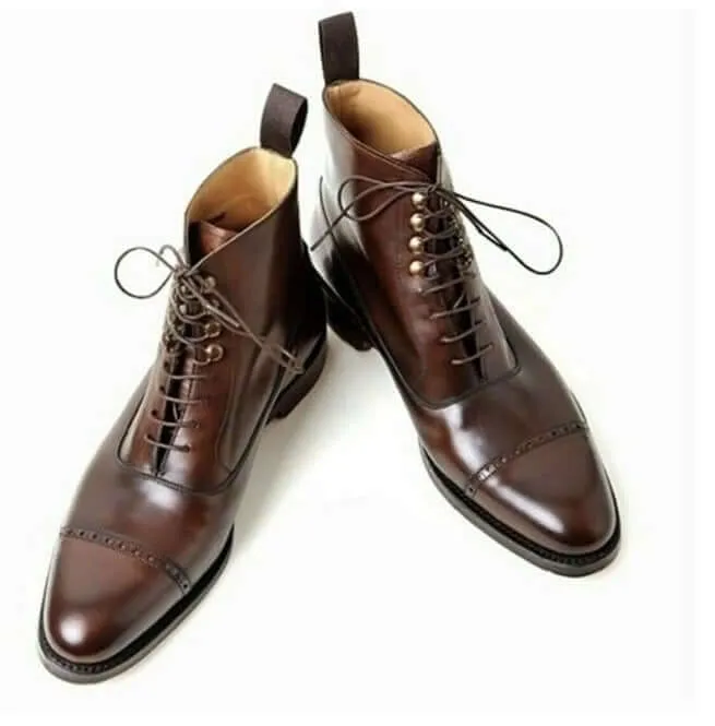 Bespoke Brown Leather Cap Toe Boots for Men's