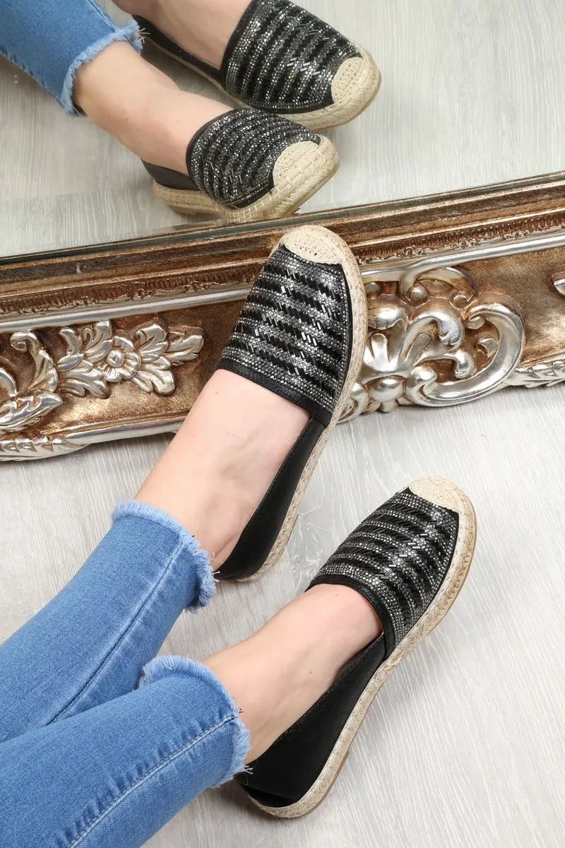 Black Diamante Embellished Espadrilles - Mazie