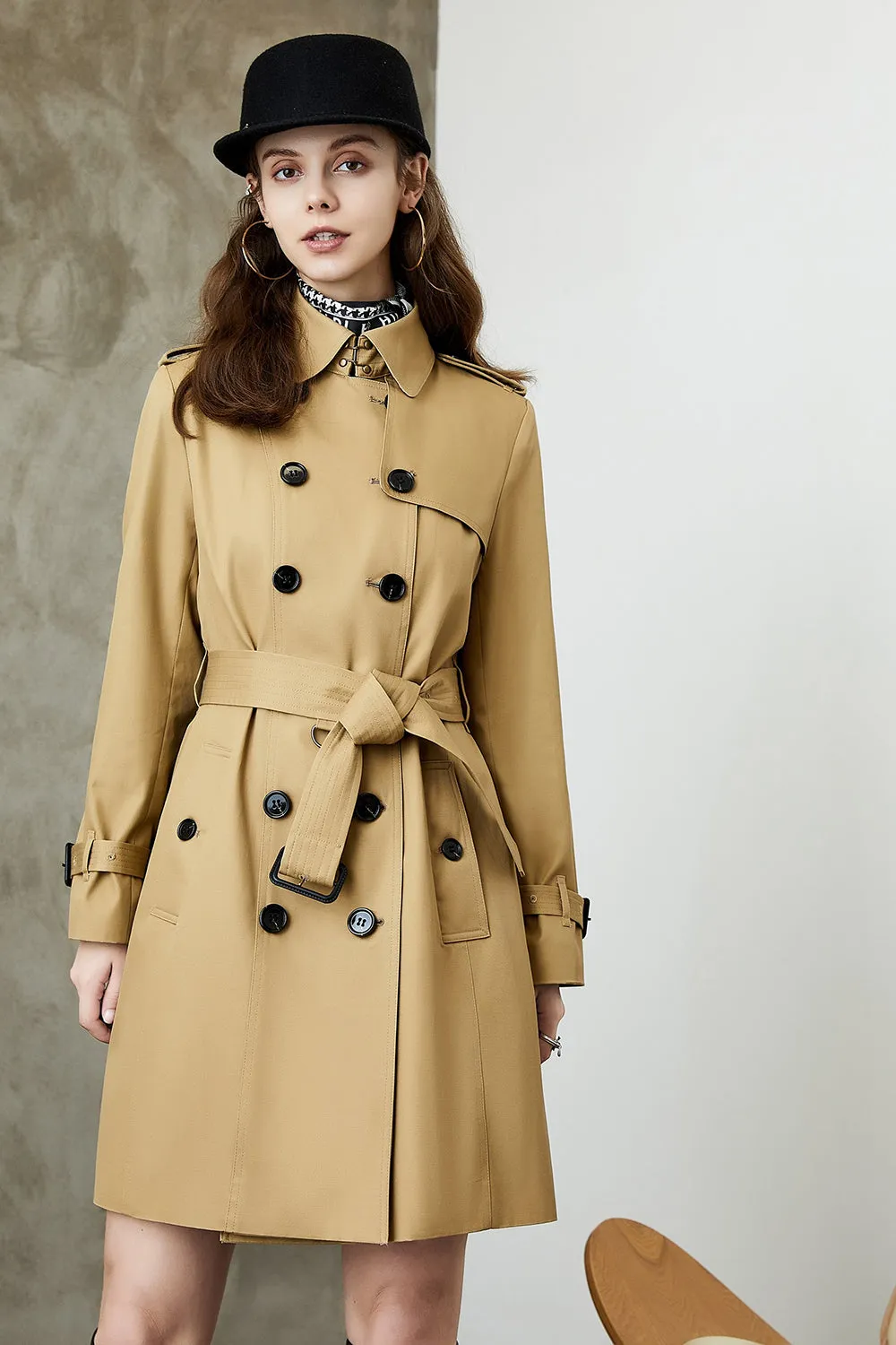 Black Double Breasted Lapel Long Trench Coat with Belt