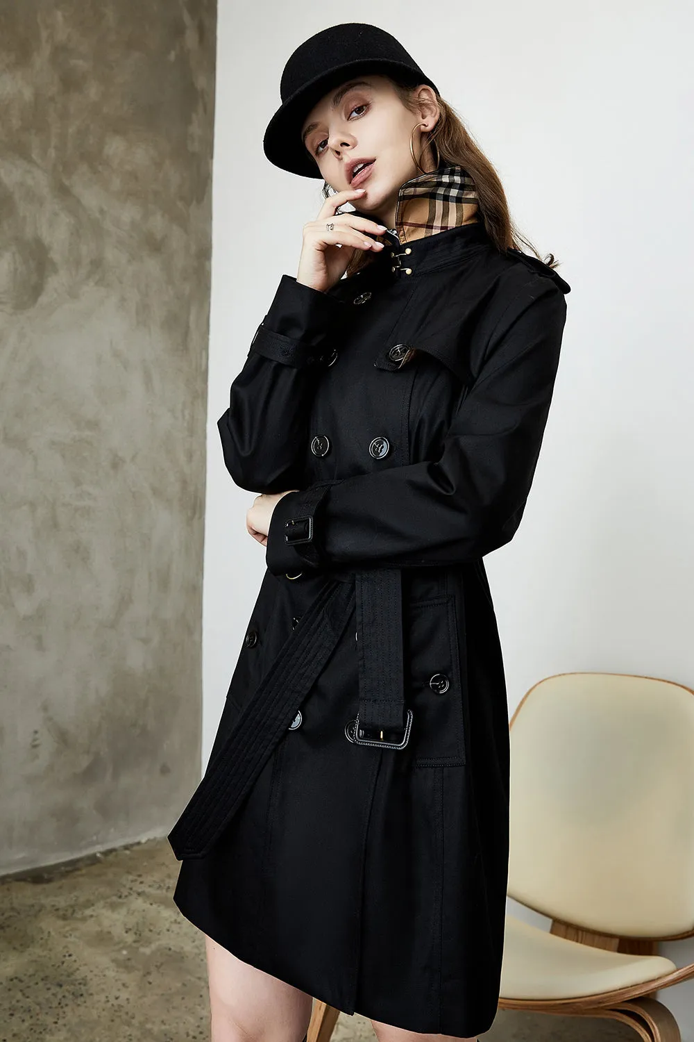 Black Double Breasted Lapel Long Trench Coat with Belt