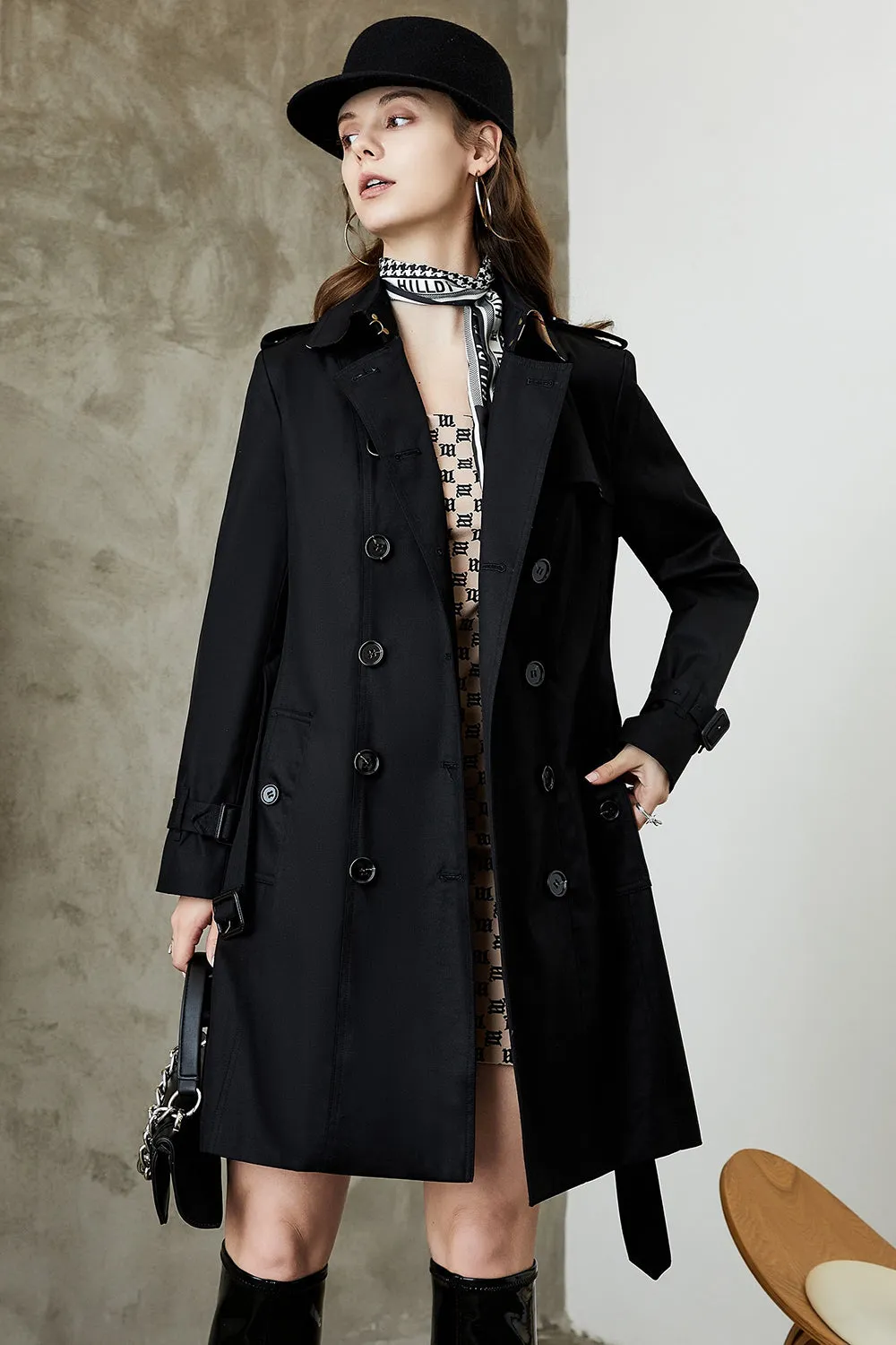 Black Double Breasted Lapel Long Trench Coat with Belt