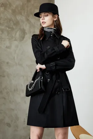 Black Double Breasted Lapel Long Trench Coat with Belt