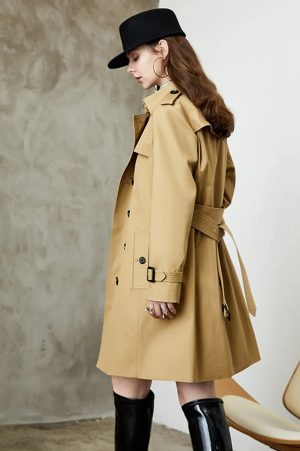 Black Double Breasted Lapel Long Trench Coat with Belt