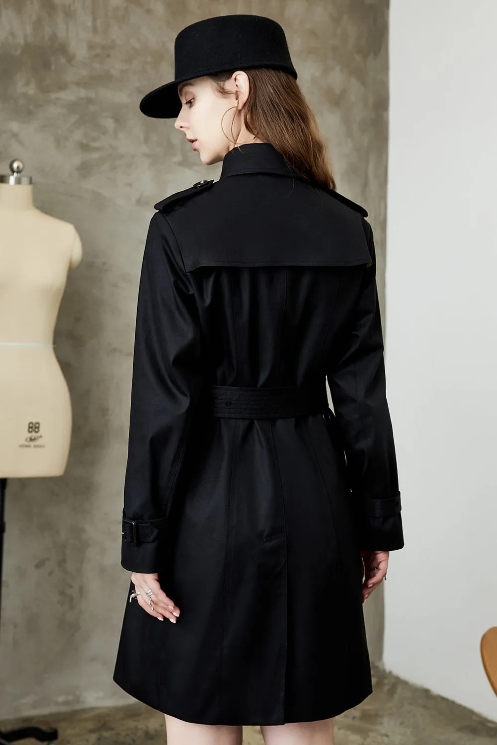 Black Double Breasted Lapel Long Trench Coat with Belt