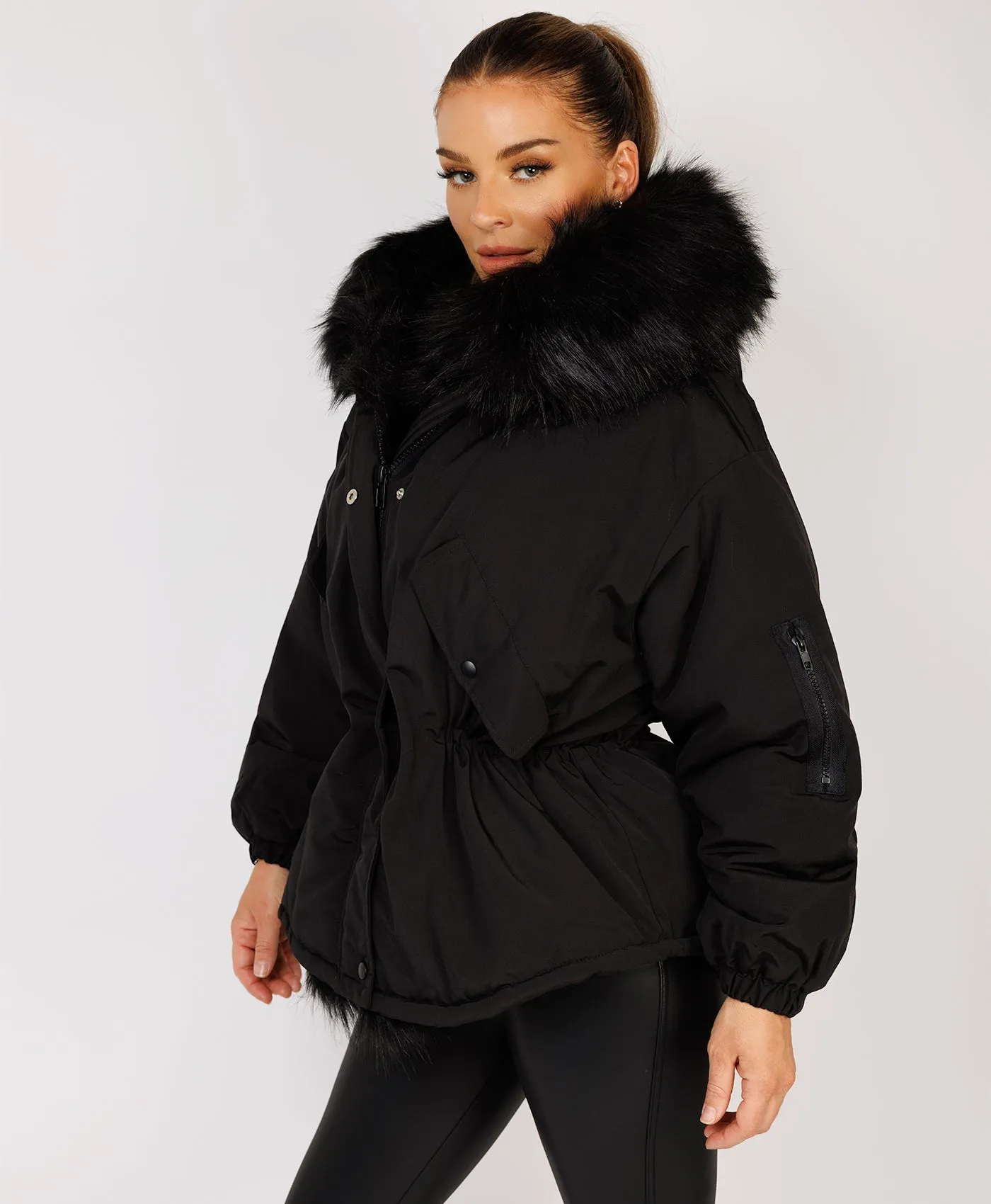 Black Faux Fur Trim Oversized Hooded Jacket