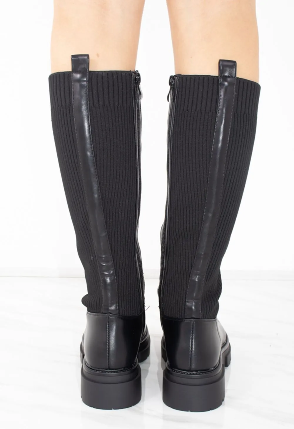 Black Faux Leather Lace up Sock Boots