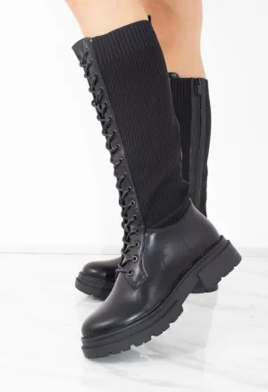 Black Faux Leather Lace up Sock Boots