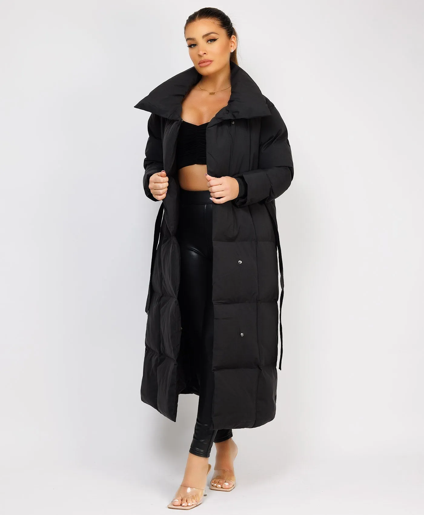 Black Longline Padded Puffer Tied Waist Duvet Coat