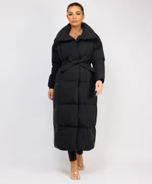 Black Longline Padded Puffer Tied Waist Duvet Coat