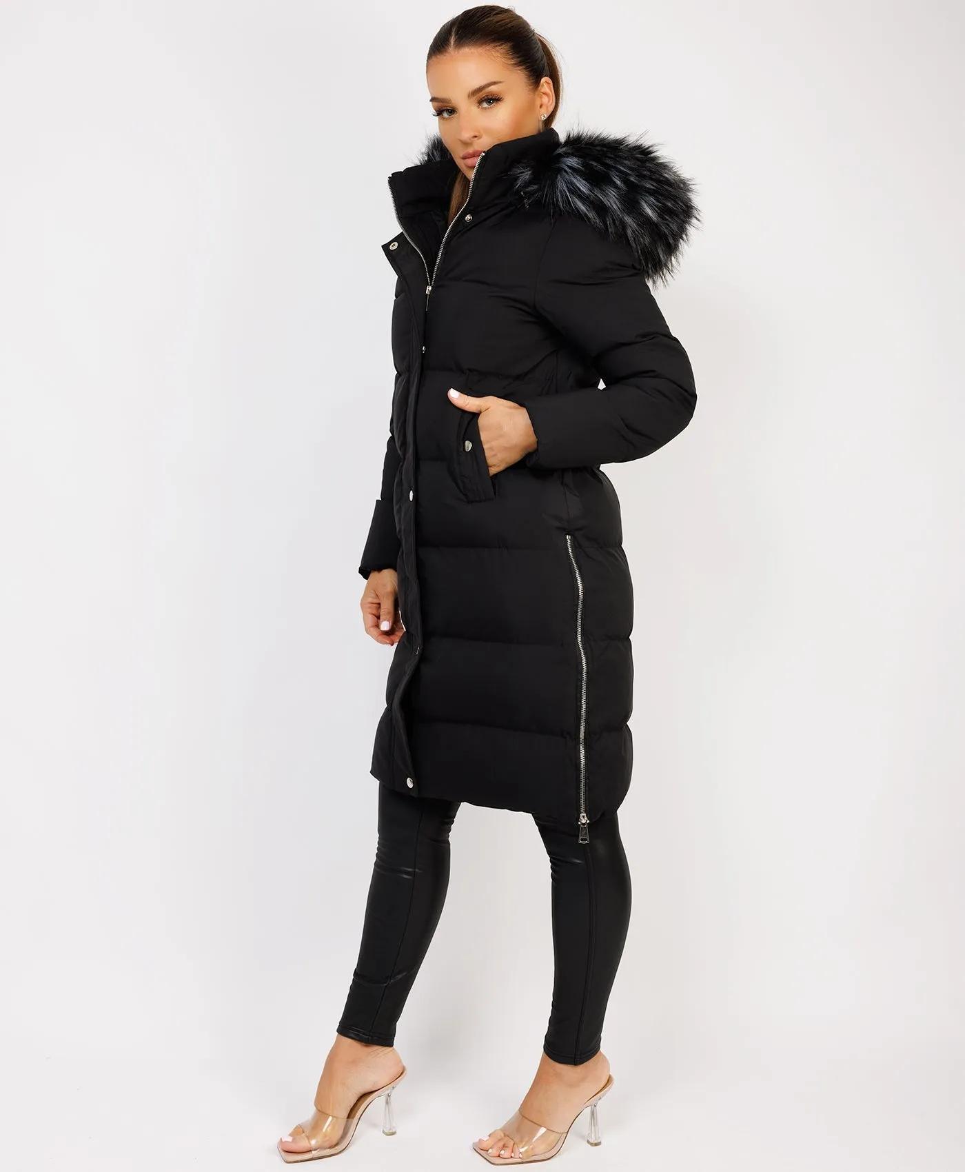 Black Maxi Faux Fur Hood Padded Puffer Jacket