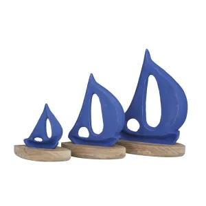 BLUE METAL SAIL BOAT SCULPTURE WITH WOOD BASE