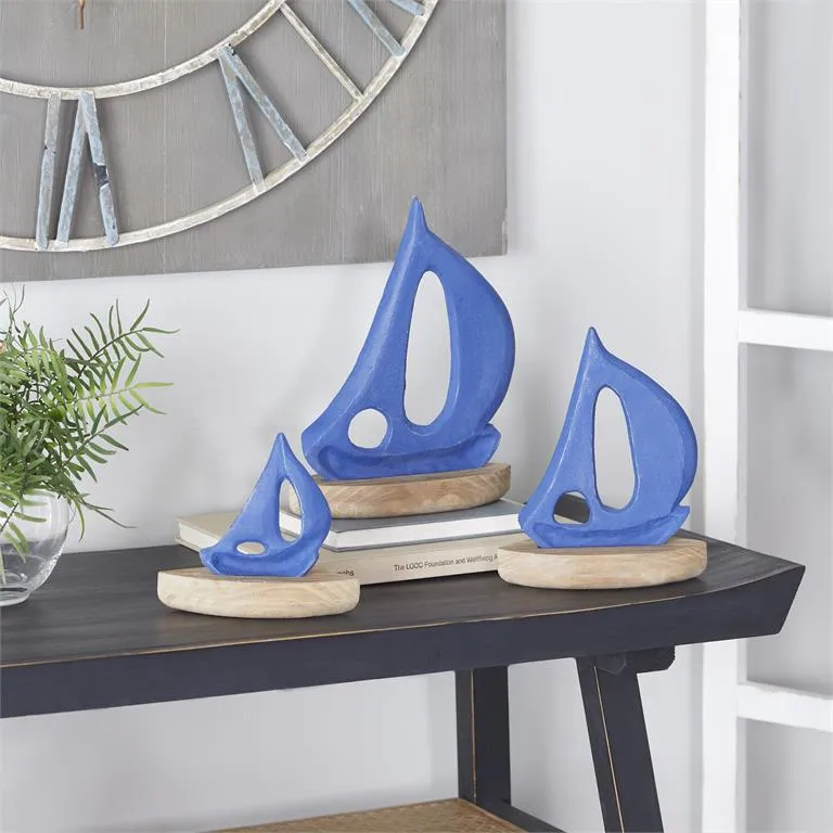 BLUE METAL SAIL BOAT SCULPTURE WITH WOOD BASE