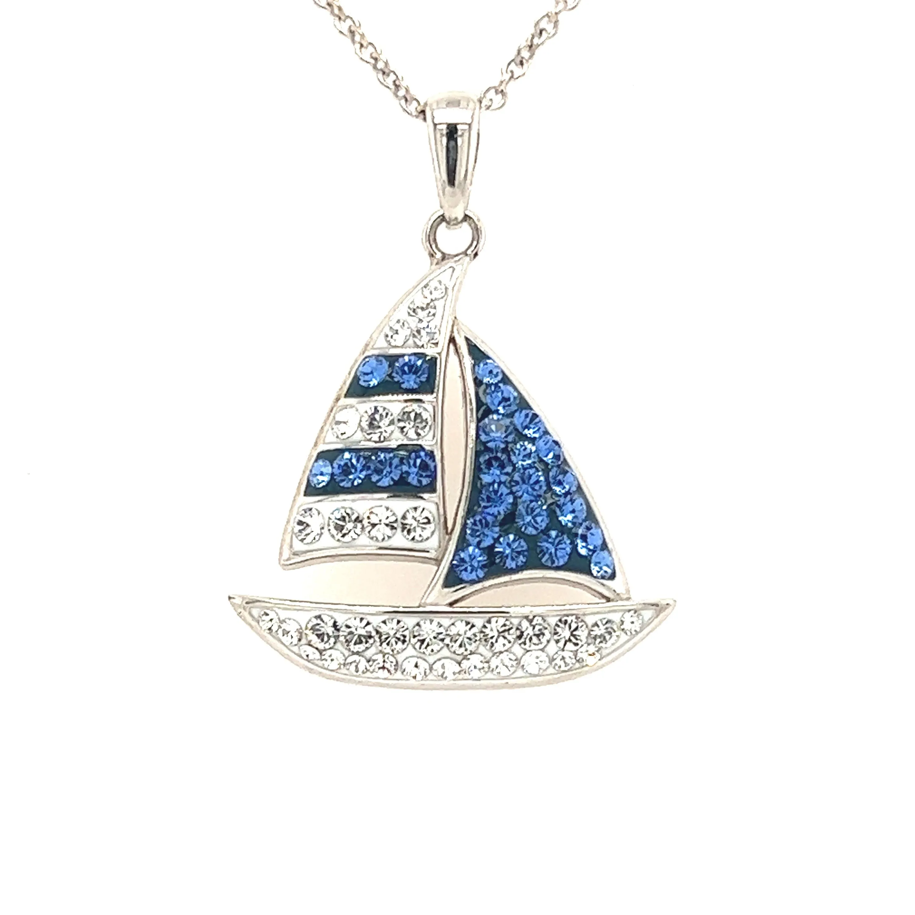 Blue Sailboat Necklace with Blue and White Crystals in Sterling Silver