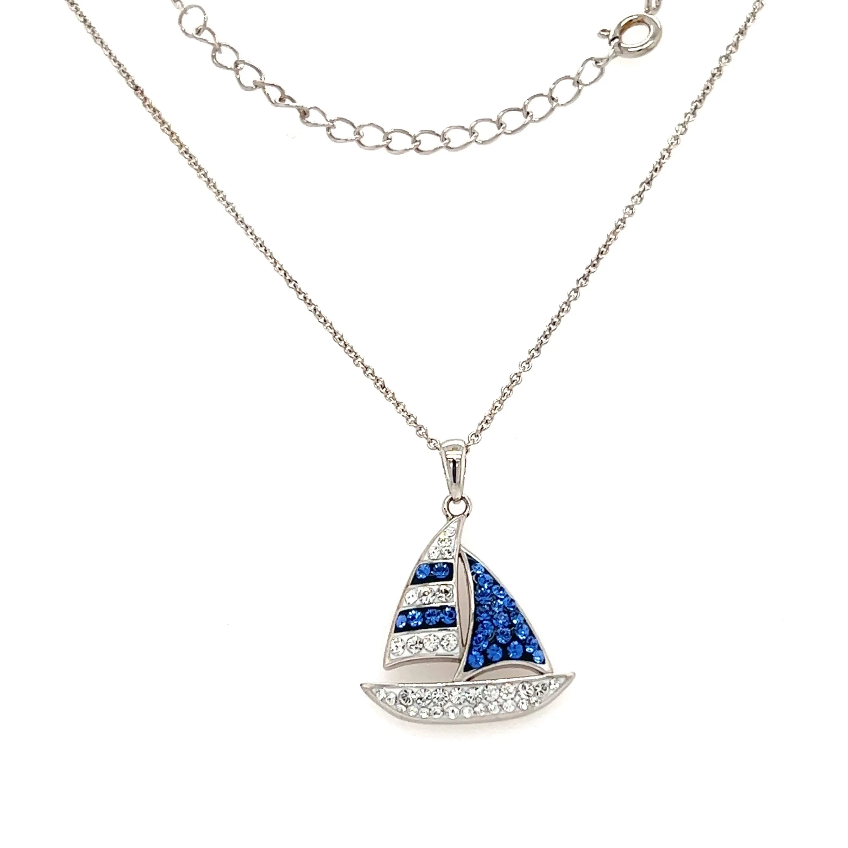 Blue Sailboat Necklace with Blue and White Crystals in Sterling Silver