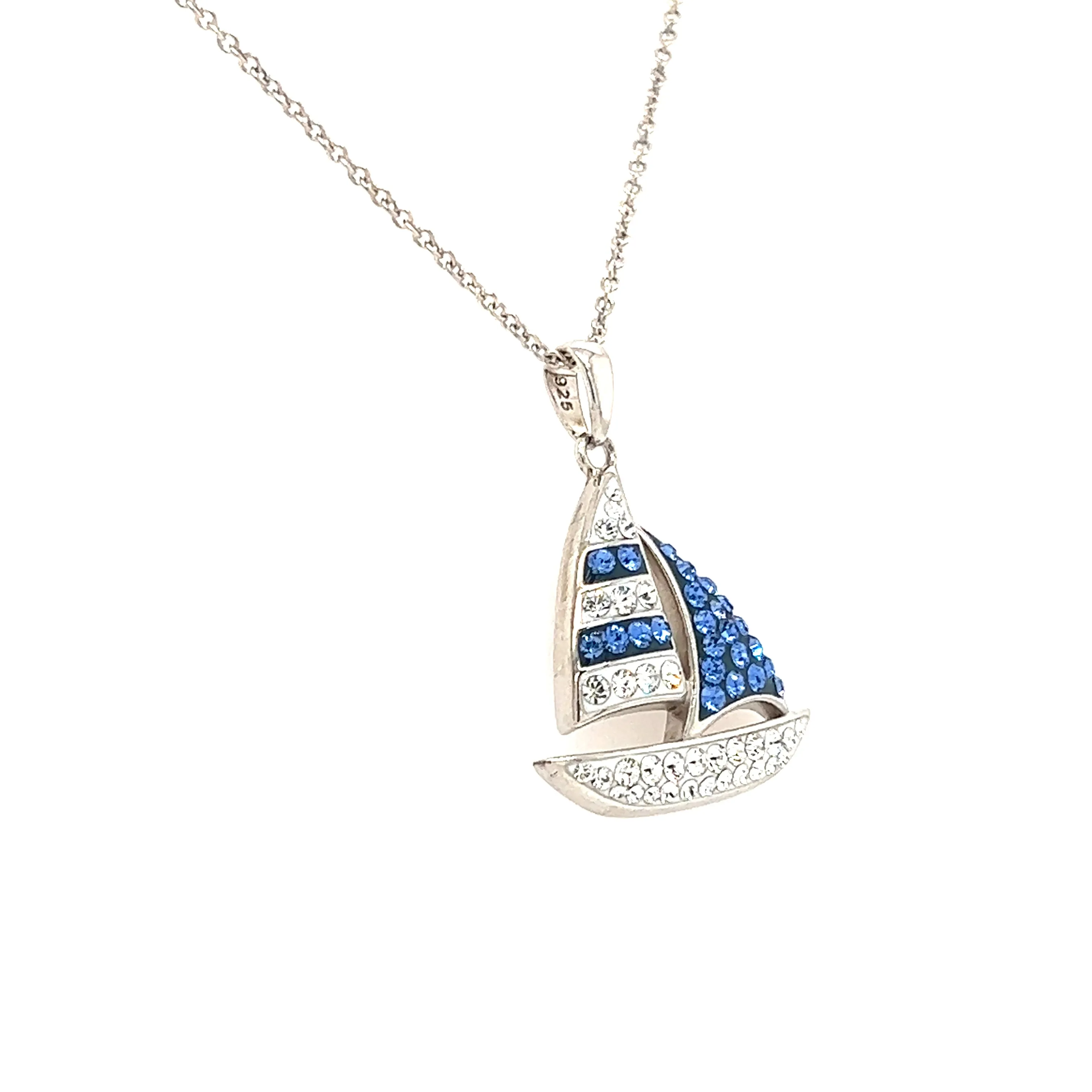 Blue Sailboat Necklace with Blue and White Crystals in Sterling Silver