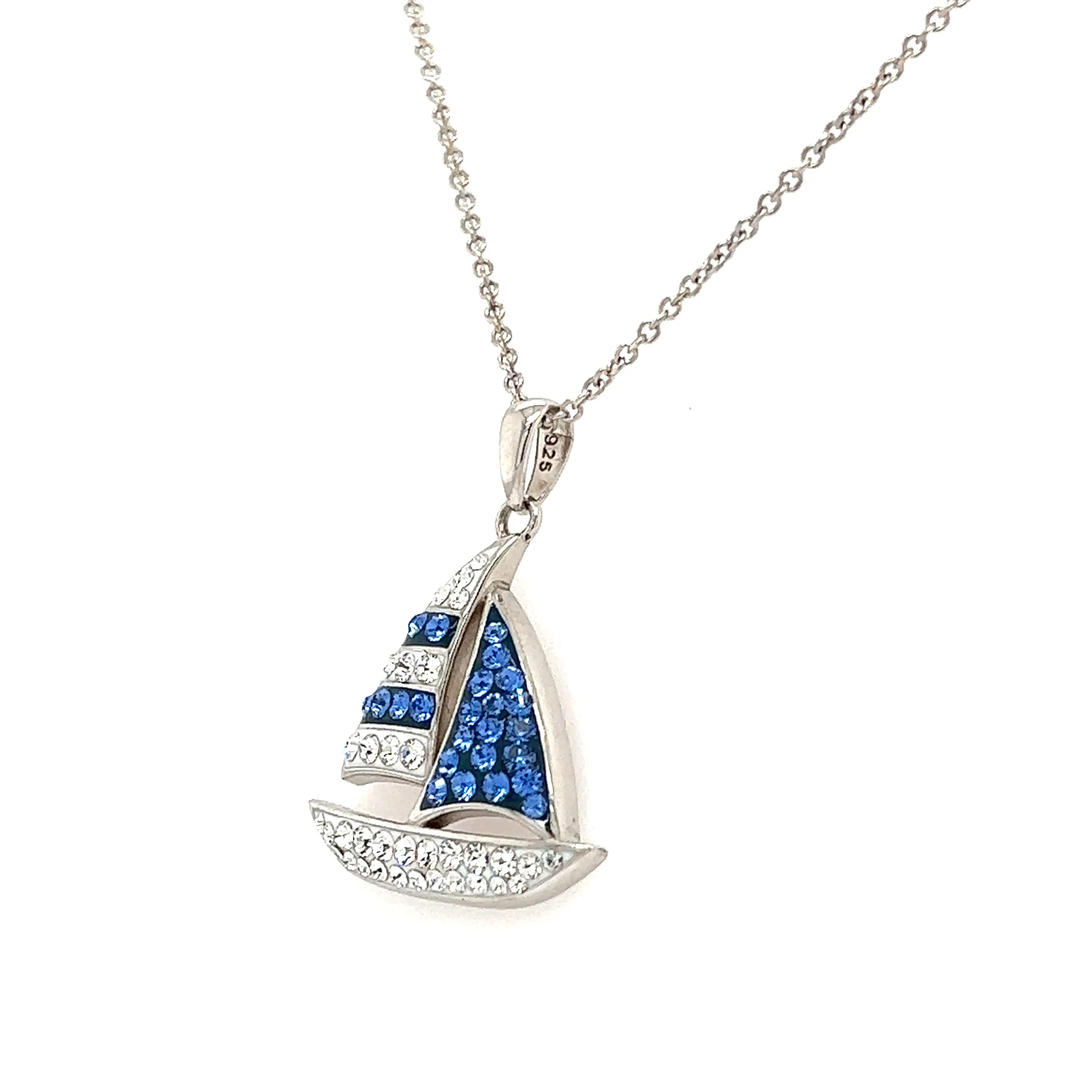 Blue Sailboat Necklace with Blue and White Crystals in Sterling Silver