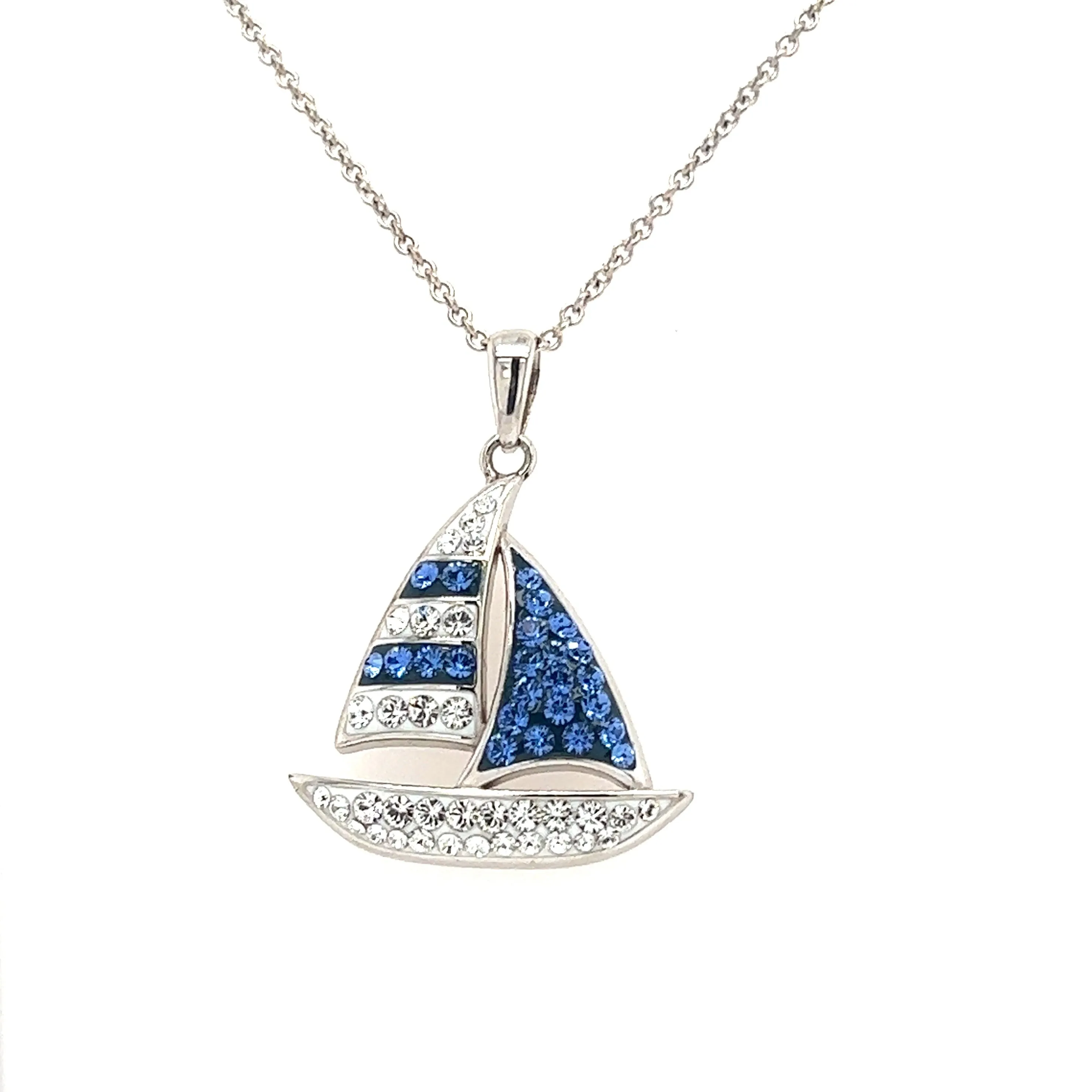 Blue Sailboat Necklace with Blue and White Crystals in Sterling Silver