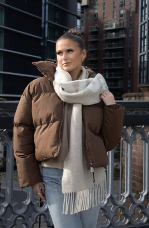 Brown Boxy Padded Puffer High Collar Coat