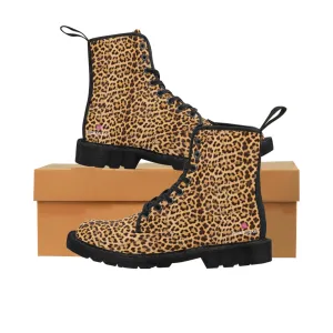 Brown Leopard Print Women's Boots, Best Winter Laced Up Animal Print Designer Boots For Women