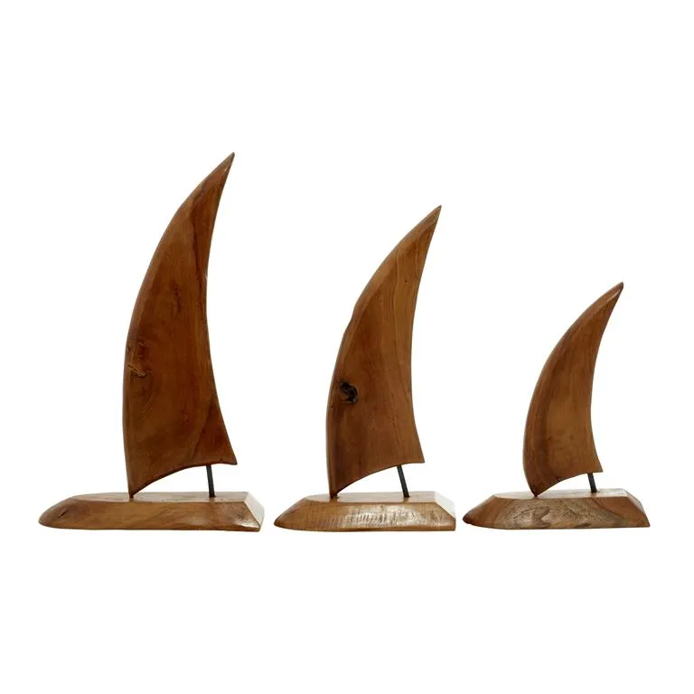 BROWN TEAK WOOD SAIL BOAT HANDMADE SCULPTURE