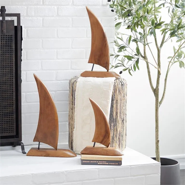 BROWN TEAK WOOD SAIL BOAT HANDMADE SCULPTURE