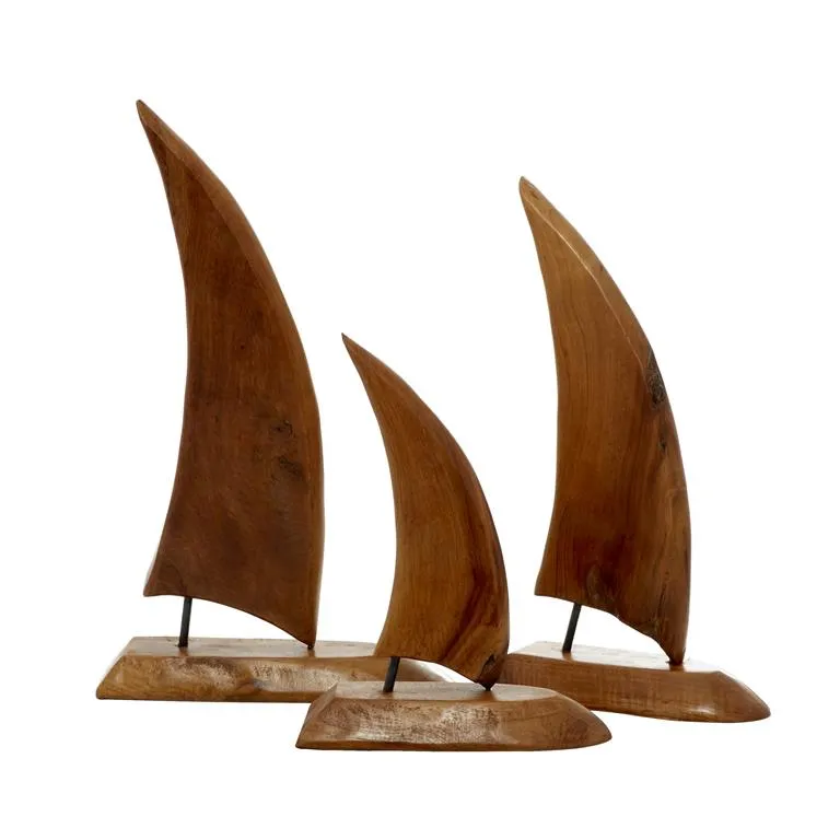 BROWN TEAK WOOD SAIL BOAT HANDMADE SCULPTURE