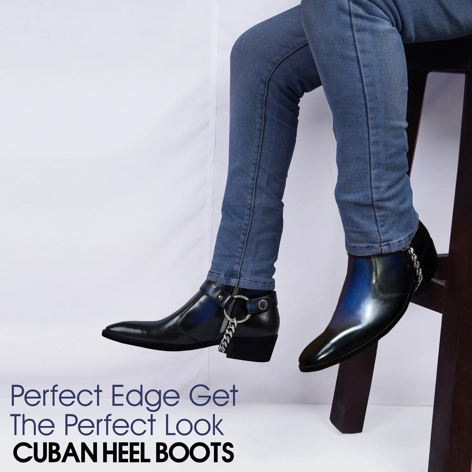 Burnished Blue Cuban Heel Boot with Removable Buckle