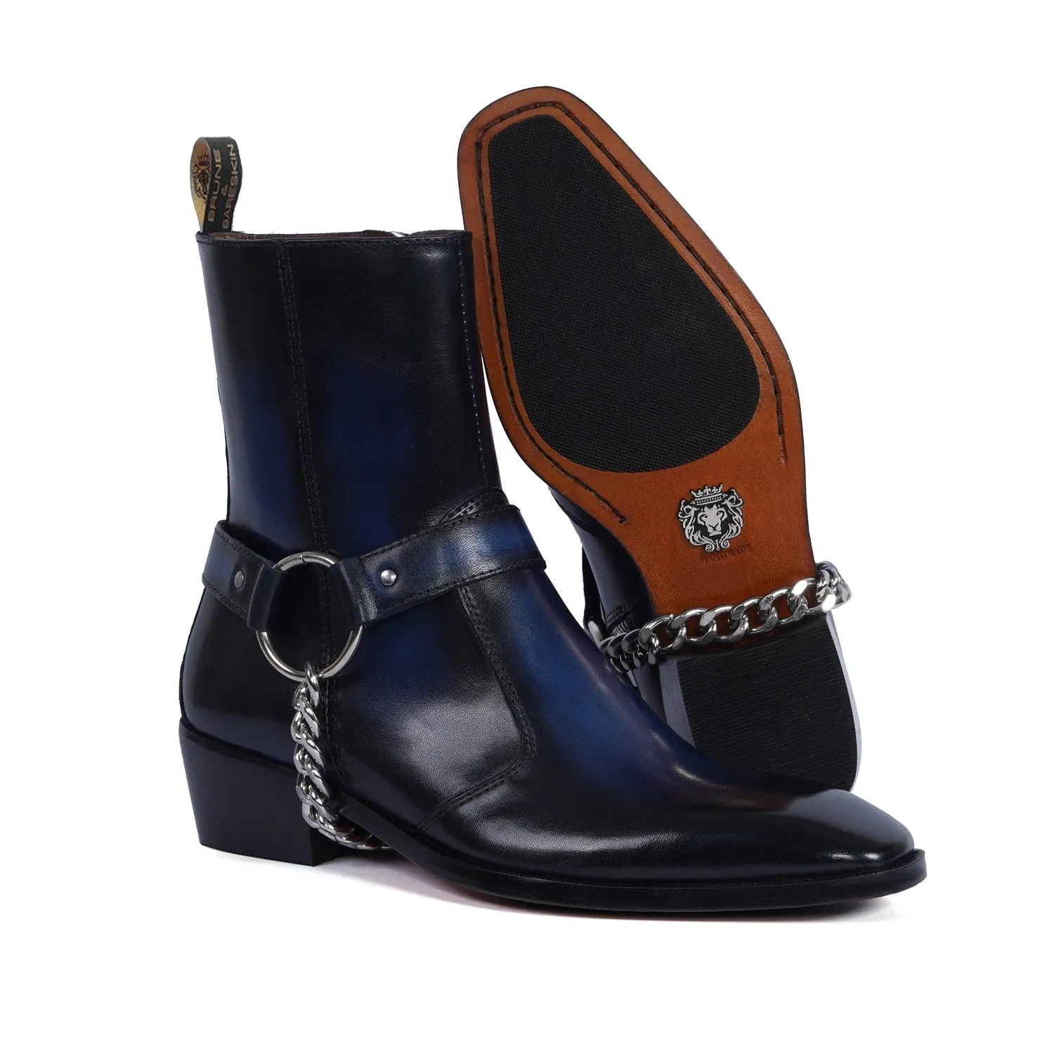 Burnished Blue Cuban Heel Boot with Removable Buckle