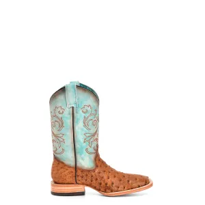 Corral Womens Embroidery Wide Square Toe Honey/Blue Ostrich Cowboy Boots