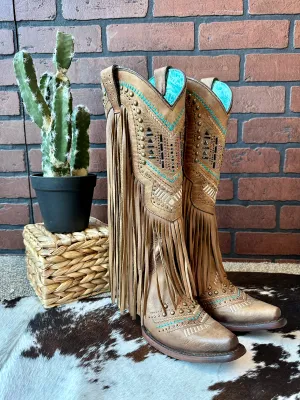 Corral Women's Tan Swarovski Crystals Fringe Tall Snip Toe Cowgirl Boot C2910