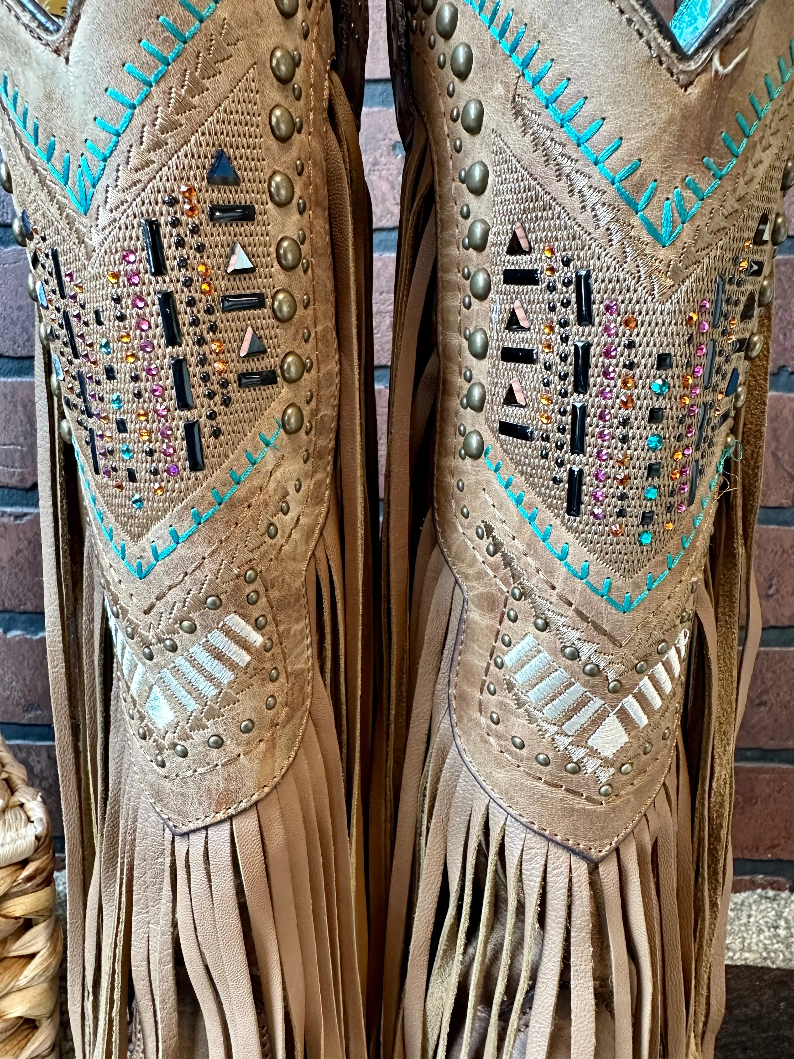 Corral Women's Tan Swarovski Crystals Fringe Tall Snip Toe Cowgirl Boot C2910