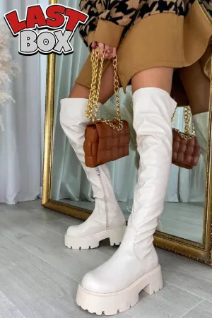 Cream PU Chunky Chelsea Calf High Boots With Side Zip