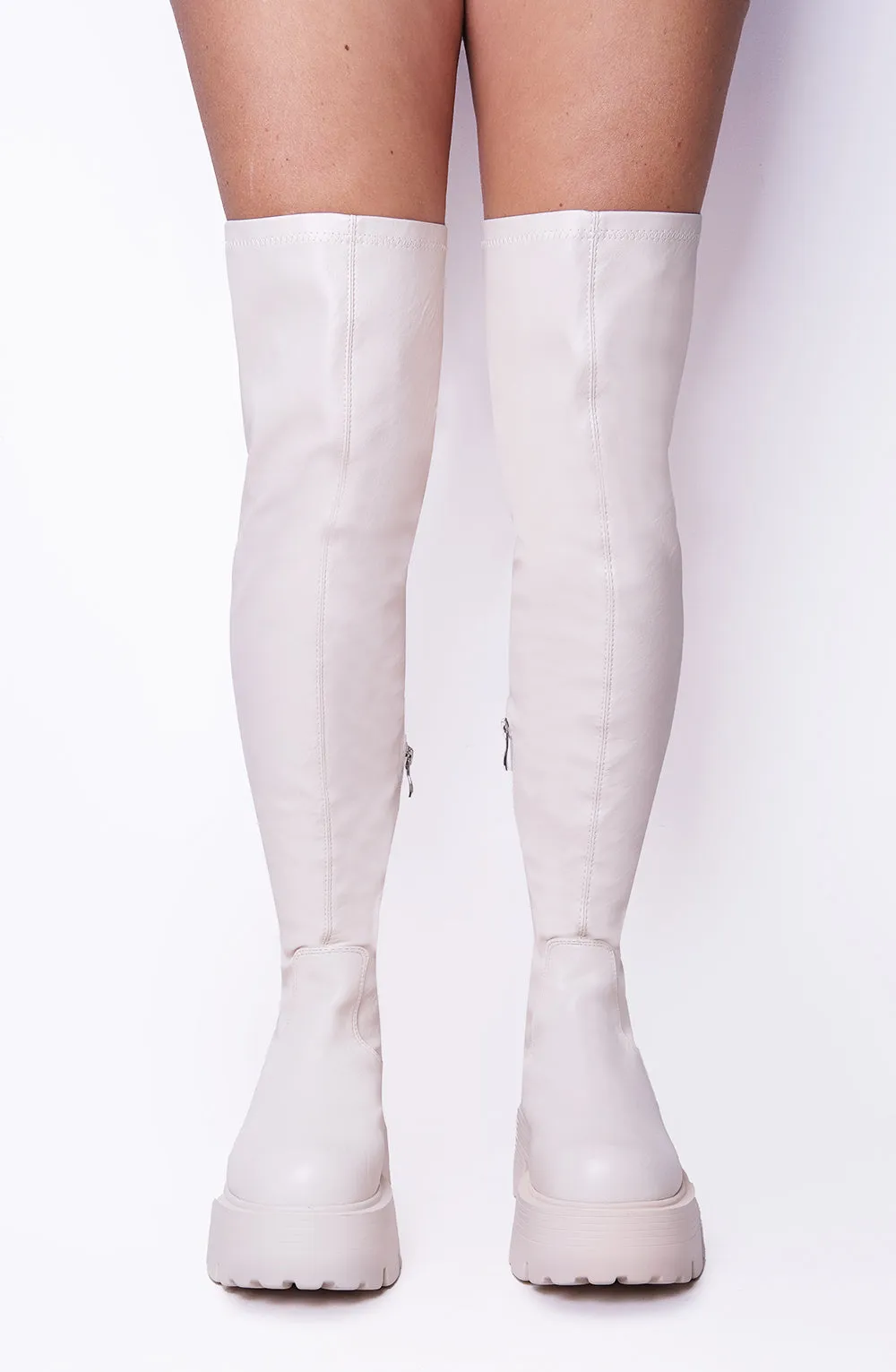 Cream PU Chunky Chelsea Calf High Boots With Side Zip